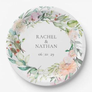 Elegant Watercolour Greenery Floral Wedding Paper Plate