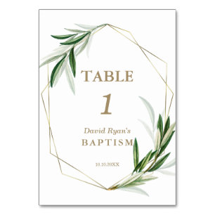 Elegant Watercolour Olive Leaves Gold Baptism Table Number