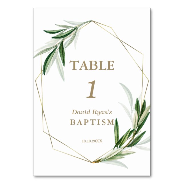 Elegant Watercolour Olive Leaves Gold Baptism  Table Number (Front)