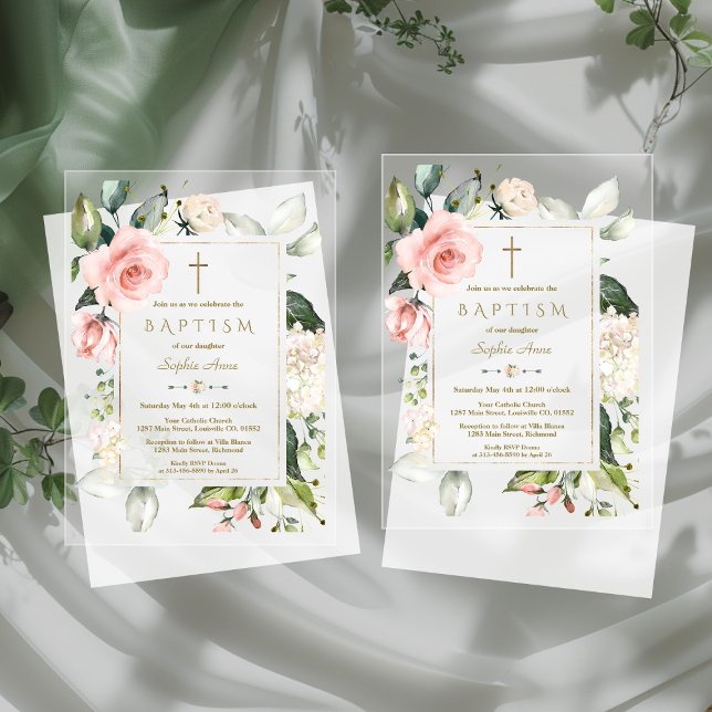 Elegant Watercolour Pink Cream Flowers Baptism Acrylic Invitations (Creator Uploaded)