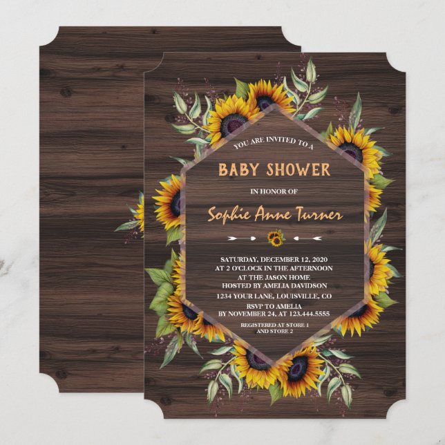 Elegant Watercolour Sunflowers Wood Baby Shower Invitation (Front/Back)