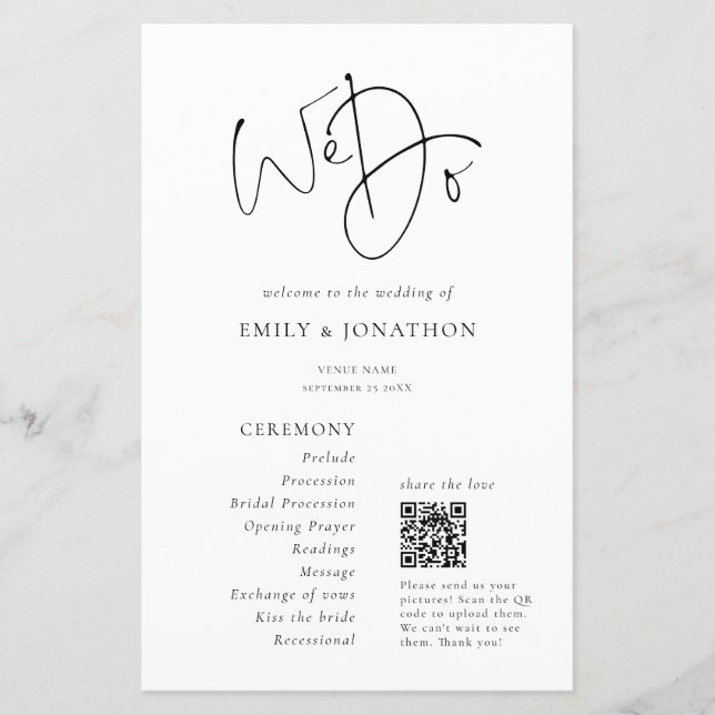 Elegant We Do Share Photos Qr Code Wedding Program (Front)