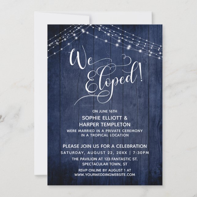 Elegant We Eloped Typography & Lights, Navy Wood Invitation (Front)