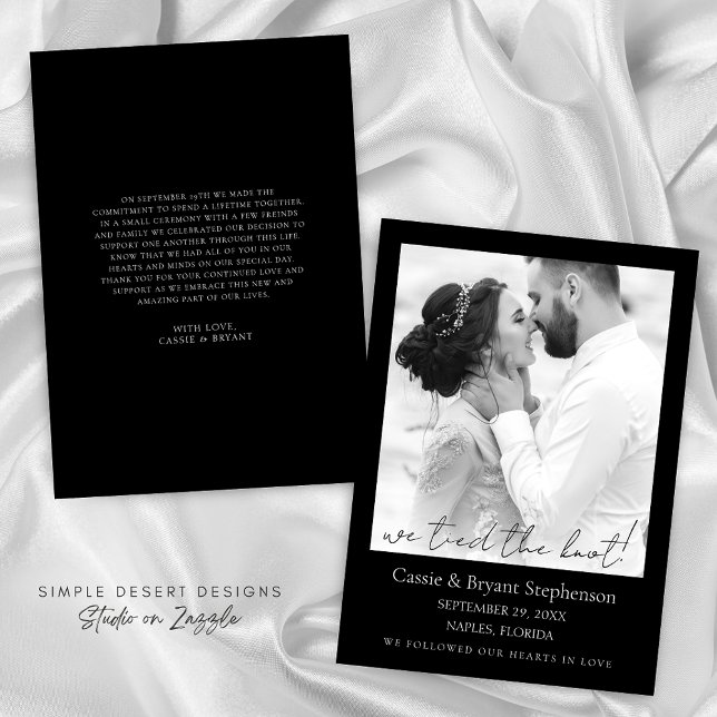 Elegant We Tied the Knot Photo Elopement Wedding Announcement (Elegant modern black and white wedding announcement with modern script and typography)