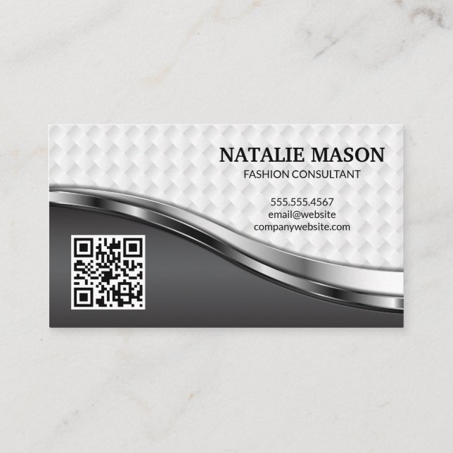 Elegant Weave Pattern | Silver Metallic | QR Code Business Card (Back)