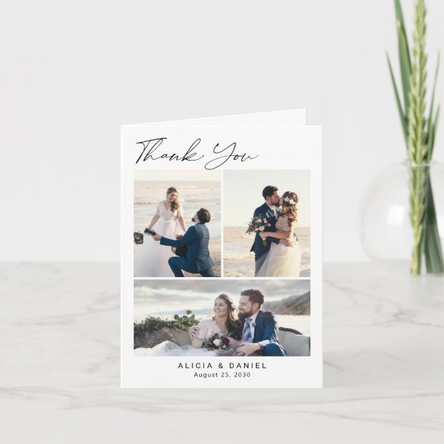 Elegant wedding 4 photo collage thank you card (Front)