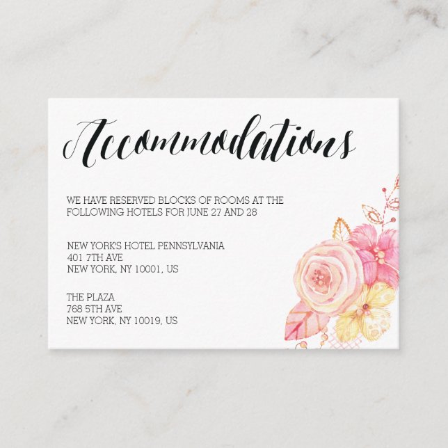 Elegant Wedding Accommodation Cards Floral (Front)