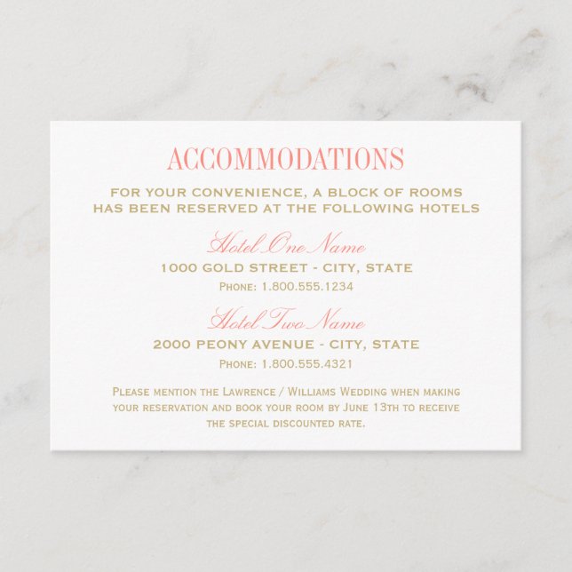 Elegant Wedding Accommodations Coral and Gold Enclosure Card (Front)