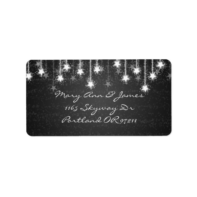 Elegant Wedding Address Shimmering Stars Black Label (Front)