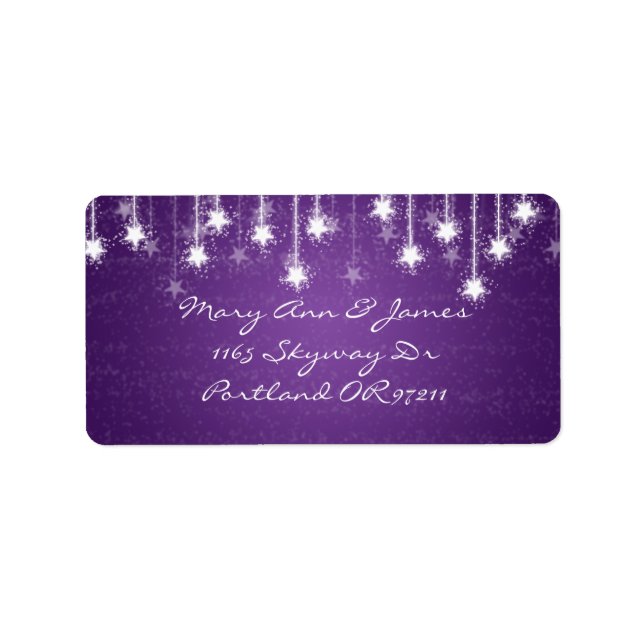 Elegant Wedding Address Shimmering Stars Purple Label (Front)