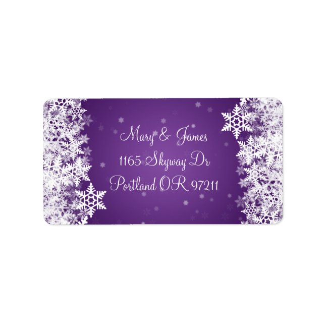 Elegant Wedding Address Winter Snowflakes Purple Label (Front)