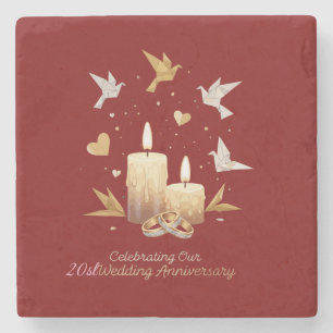 Elegant Wedding Anniversary Gold Candles, Rings Stone Coaster