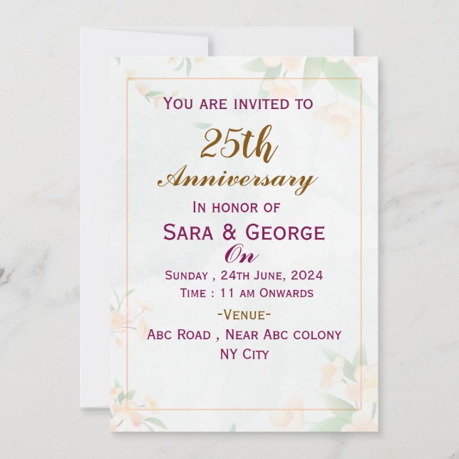 Elegant Wedding Anniversary Invitations  (Front)