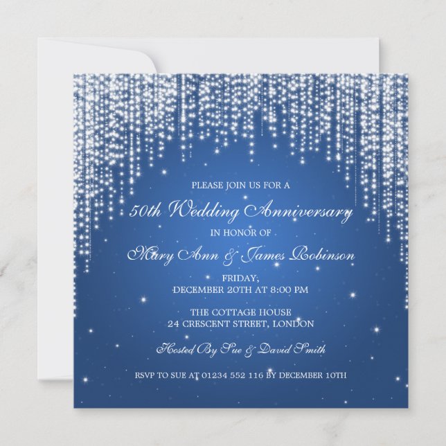 Elegant Wedding Anniversary Night Dazzle Blue Invitation (Front)
