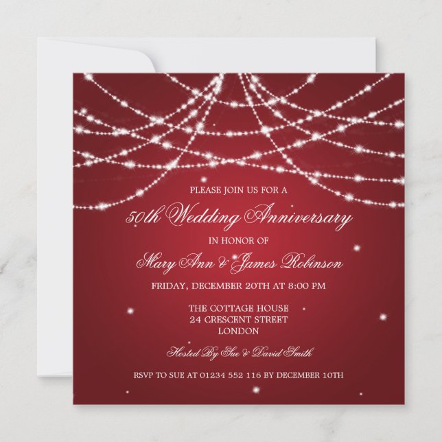 Elegant Wedding Anniversary String Of Stars Red Invitation (Front)