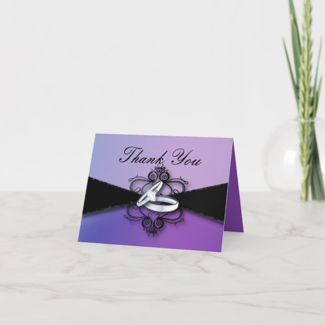 elegant wedding bands purple and black wedding thank you card (Front)