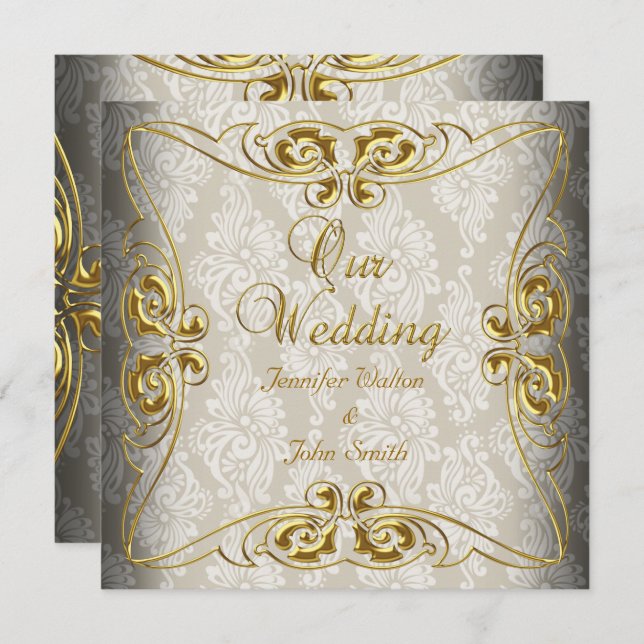 Elegant Wedding Beige Gold Damask Invitation (Front/Back)