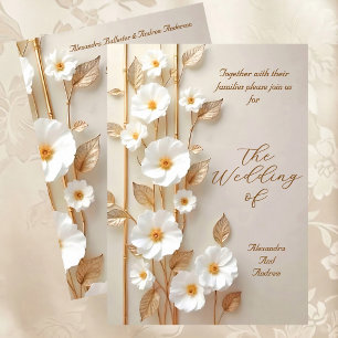 Elegant Wedding Beige White Flowers Gold Bamboo Invitation