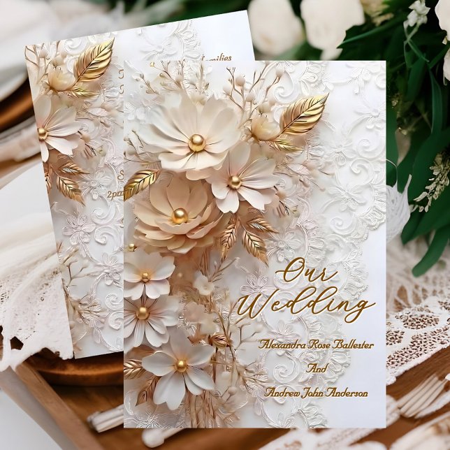Elegant Wedding Beige White Lace Gold Flowers Invitation (Creator Uploaded)