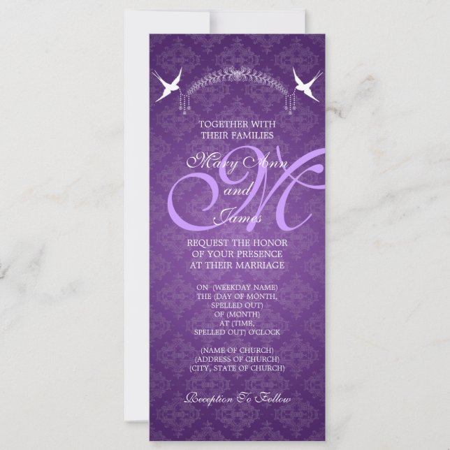 Elegant Wedding Birds Monogram Purple Invitation (Front)