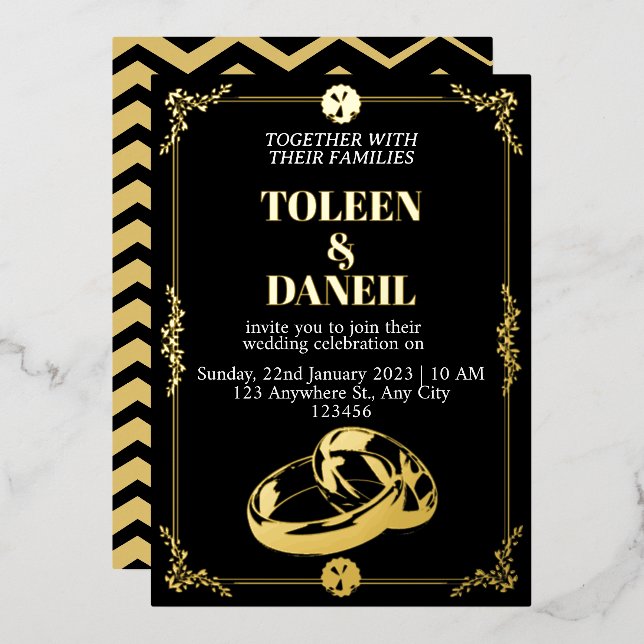 Elegant Wedding Black and Gold Foil Invitation (Front/Back)