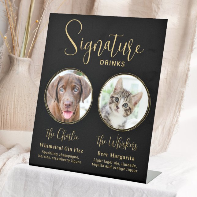 Elegant Wedding Black Gold Pet Signature Drinks Pedestal Sign (Creator Uploaded)