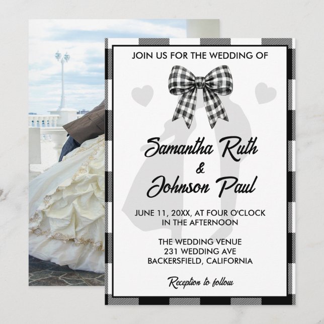 Elegant Wedding Black & White Gingham Bow Photo Invitation (Front/Back)