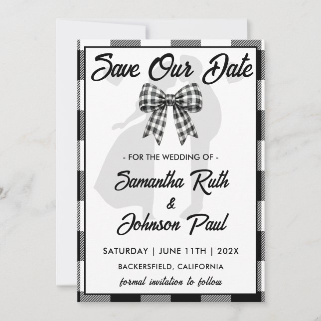 Elegant Wedding Black & White Gingham Bow Photo Save The Date (Front)