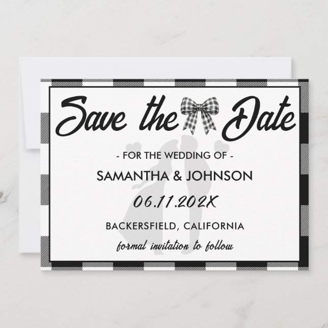 Elegant Wedding Black & White Gingham Bow Save The Date (Front)