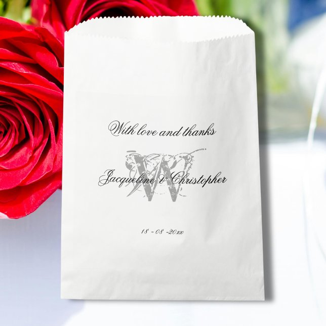 Elegant Wedding Black White Grey Monogram + Names Favour Bags (Elegant Wedding - Black, White and Gray, Monogram plus Bride and Groom Names Favor Bag.)