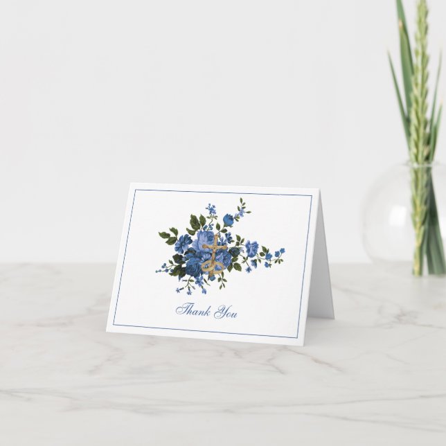 Elegant Wedding Blue Floral Religious  Thank You Card (Front)