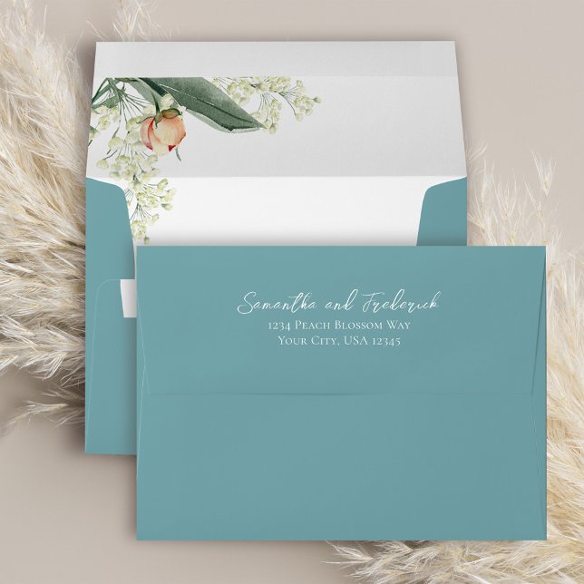 Elegant Wedding Blue Floral Return Address Envelope (Peach and blue floral custom envelope.)