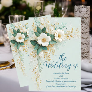 Elegant Wedding Blue Green White Gold Flowers  Invitation