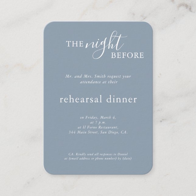 Elegant Wedding Blue Monogram Rehearsal Dinner Enclosure Card (Front)