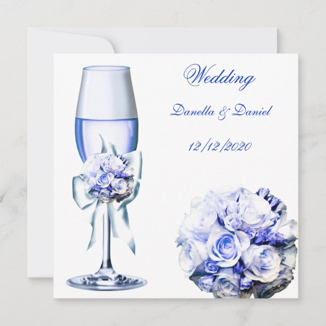 Elegant Wedding Blue Navy Floral Roses Invitation (Front)