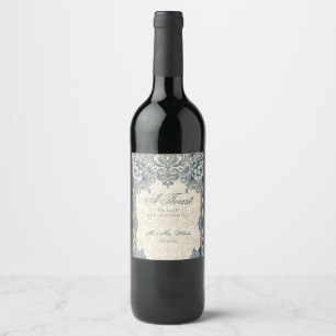  Elegant Wedding Blue Silver Wine Bottle Label