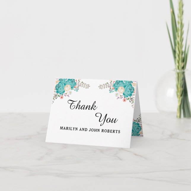 Elegant Wedding Blue Watercolor Flowers Custom Thank You Card (Front)