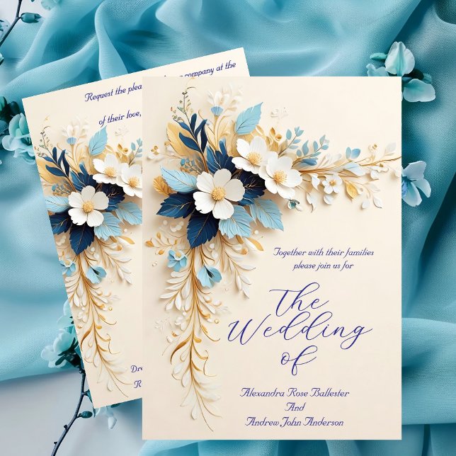 Elegant Wedding Blue White Cream Gold Flowers Invitation (Creator Uploaded)