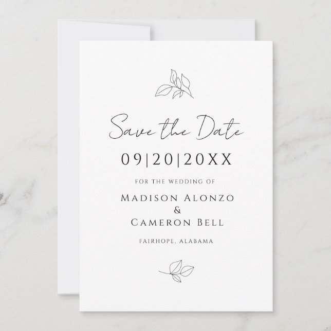 Elegant Wedding Botanical Leaves Black White Chic Save The Date (Front)