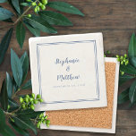 Elegant Wedding Bride & Groom Custom Blue & White  Stone Coaster<br><div class="desc">The newlyweds are certain to love this simple, minimalist and chic stone wedding coaster features a modern design with a double framed border in classic blue on a crisp white background. This modern simple design provides timeless, classic sophistication. Personalise names of couple and event date in trendy blue lettering and...</div>