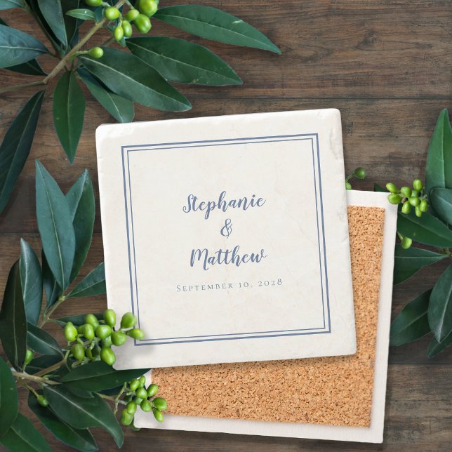 Elegant Wedding Bride & Groom Custom Blue & White  Stone Coaster (Elegant Wedding Marriage Anniversary Date Custom Couple Keepsake Gift Blue & White Stone Coasters )