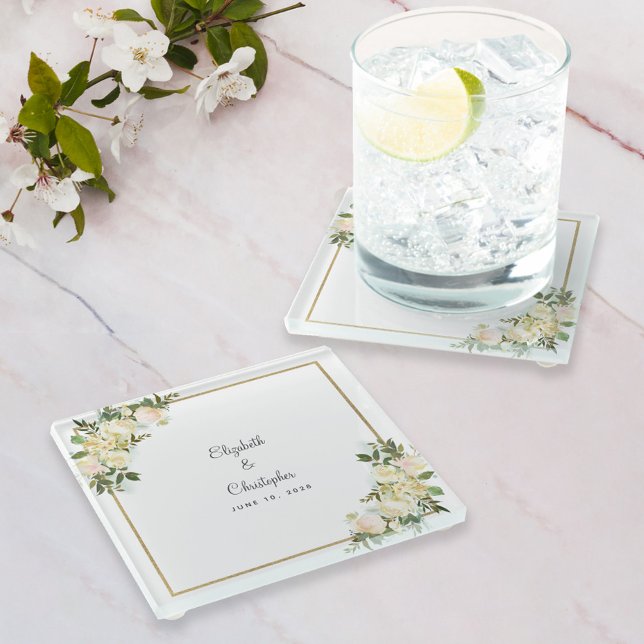 Elegant Wedding Bride & Groom Floral Roses White Glass Coaster (Elegant Wedding Bride & Groom Floral Roses White Glass Coaster)