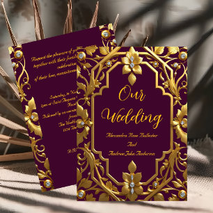 Elegant Wedding Burgundy Gold Ornate Frame Floral Invitation