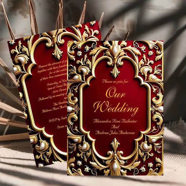 Elegant Wedding Burgundy Gold Ornate Red Pearls  Invitation (Creator Uploaded)