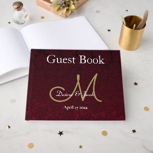 Elegant Wedding Burgundy Gold White Monogram Guest Book