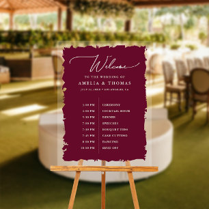 Elegant Wedding Burgundy Welcome and Timeline Acrylic Sign