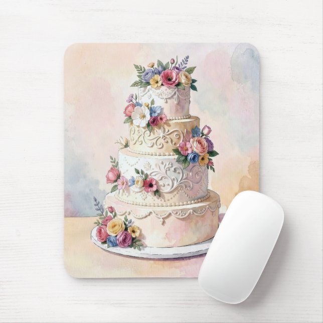 Elegant Wedding Cake with Rose Flowers Mouse Pad (With Mouse)