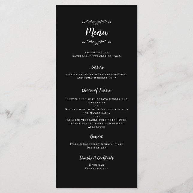 Elegant Wedding Calligraphy Black & White Dinner Menu (Front)