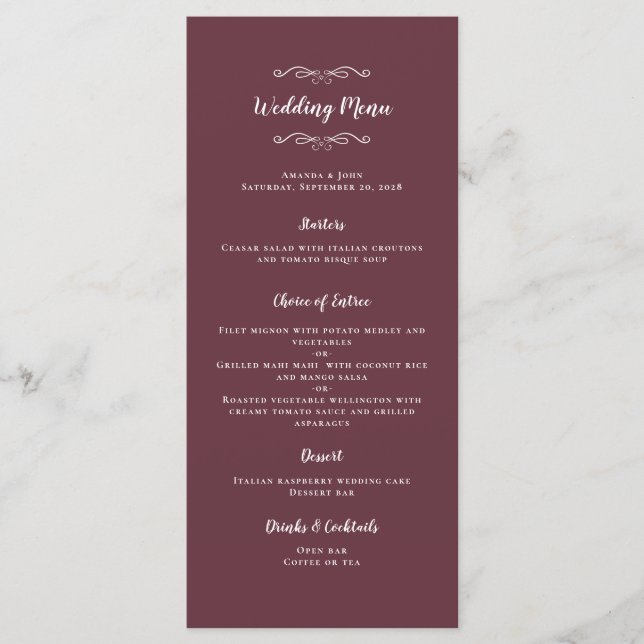 Elegant Wedding Calligraphy Burgundy White Dinner Menu (Front)
