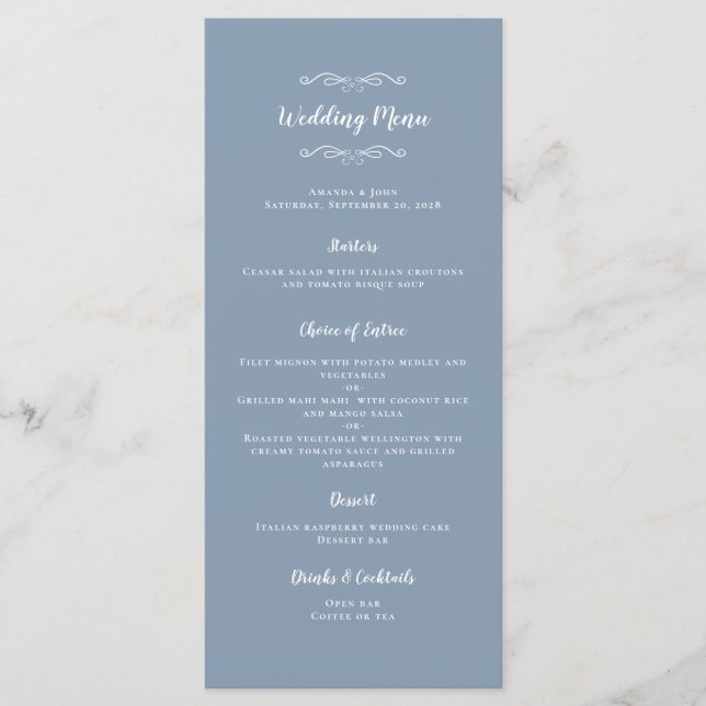 Elegant Wedding Calligraphy Chic Dusty Blue Dinner Menu (Front)